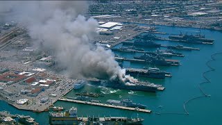 USS Bonhomme Richard on fire at Naval Base San Diego  July 12 2020 [upl. by Lledo]