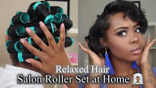 Salon Roller Set at Home Relaxed Hair Maintenance Routine 2020  Neck Length Styling [upl. by Ameen]