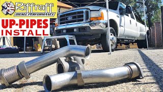 2001 F350 73  RiffRaff UpPipes Install  Stock up pipes leaking and falling apart JUNK SP [upl. by Zahc]