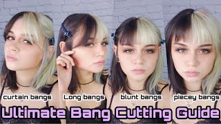 Hairstylist shows you 4 ways to cut BANGS at HOME Curtain Bangs to piecey fringe [upl. by Gruver963]